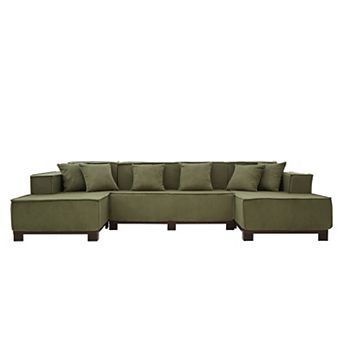 Pnronnc U Shaped Sectional Sofa Corduroy Upholstered Couch with RGB LED Lights and 6 Pillows