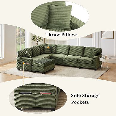 Pnronnc U Shaped Sectional Sofa Corduroy Couch with Movable Ottoman and Storage Pockets