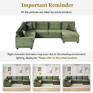 Pnronnc U Shaped Sectional Sofa Corduroy Couch with Movable Ottoman and Storage Pockets