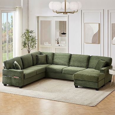 Pnronnc U Shaped Sectional Sofa Corduroy Couch with Movable Ottoman and Storage Pockets