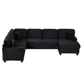 Pnronnc U Shaped Sectional Sofa Corduroy Couch with Movable Ottoman and Storage Pockets