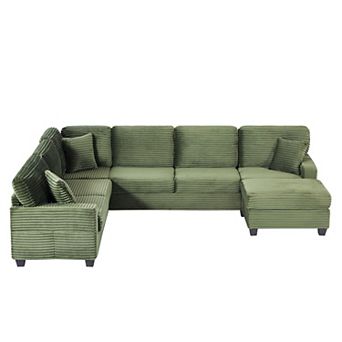 Pnronnc U Shaped Sectional Sofa Corduroy Couch with Movable Ottoman and Storage Pockets