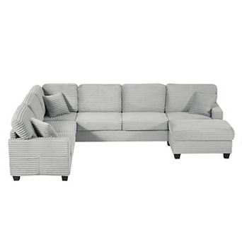 Pnronnc U Shaped Sectional Sofa Corduroy Couch with Movable Ottoman and Storage Pockets