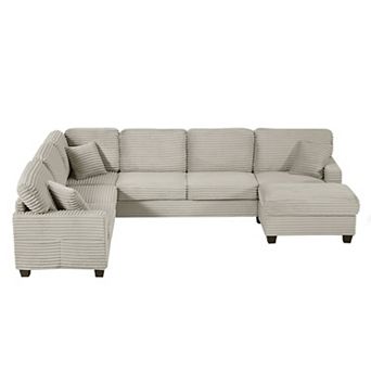 Pnronnc U Shaped Sectional Sofa Corduroy Couch with Movable Ottoman and Storage Pockets