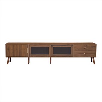 76" Modern Glass-Door TV Stand with Woodgrain Finish, for TVs up to 85"