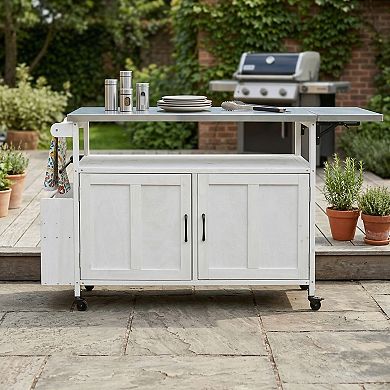60.6 in. Outdoor Kitchen Island with Lockable Wheels, Storage Cabinet and Towel Rack
