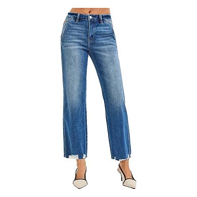 RISEN High Rise Ankle Straight Distressed Hem Detail Jeans