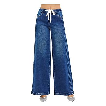RISEN Full Size Mid Rise Wide Side Pintuck Jeans with Front Drawstring Plus Size
