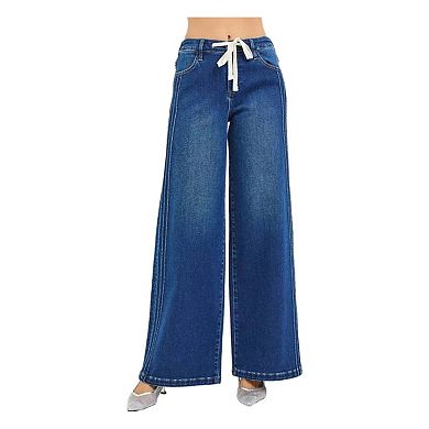 RISEN Full Size Mid Rise Wide Side Pintuck Jeans with Front Drawstring Plus Size
