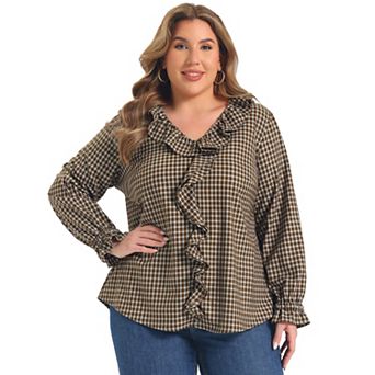 Women's Plus Size Plaid Tops Ruffle V Neck Lantern Sleeve Blouses Gingham Casual Trendy Top