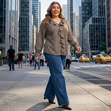 Women's Plus Size Plaid Tops Ruffle V Neck Lantern Sleeve Blouses Gingham Casual Trendy Top
