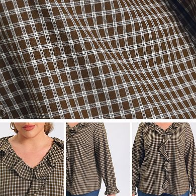Women's Plus Size Plaid Tops Ruffle V Neck Lantern Sleeve Blouses Gingham Casual Trendy Top