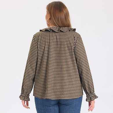 Women's Plus Size Plaid Tops Ruffle V Neck Lantern Sleeve Blouses Gingham Casual Trendy Top