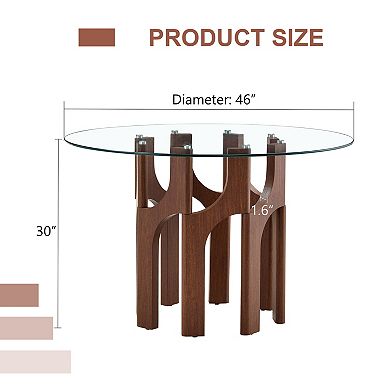 Loheer Round Tempered Glass Dining Table with Modern Sculptural Geometric MDF Base Compact 4 Person