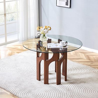 Loheer Round Tempered Glass Dining Table with Modern Sculptural Geometric MDF Base Compact 4 Person