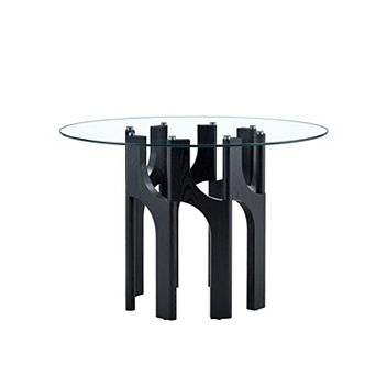 Loheer Round Tempered Glass Dining Table with Modern Sculptural Geometric MDF Base Compact 4 Person