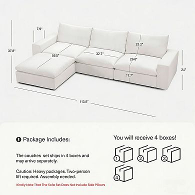 113.8" Oversized Modular Cloud Couch, Comfy 3-Seat Sofa with Ottoman for Living Room, Deep Seat
