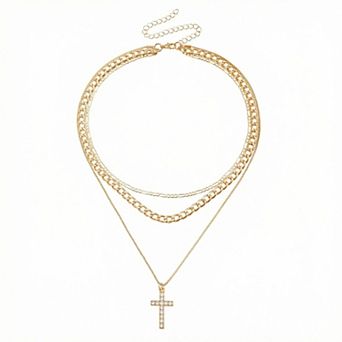 Layered Alloy Chain Necklace with Cross Pendant Adjustable Length Multi Strand Choker Style Jewelry