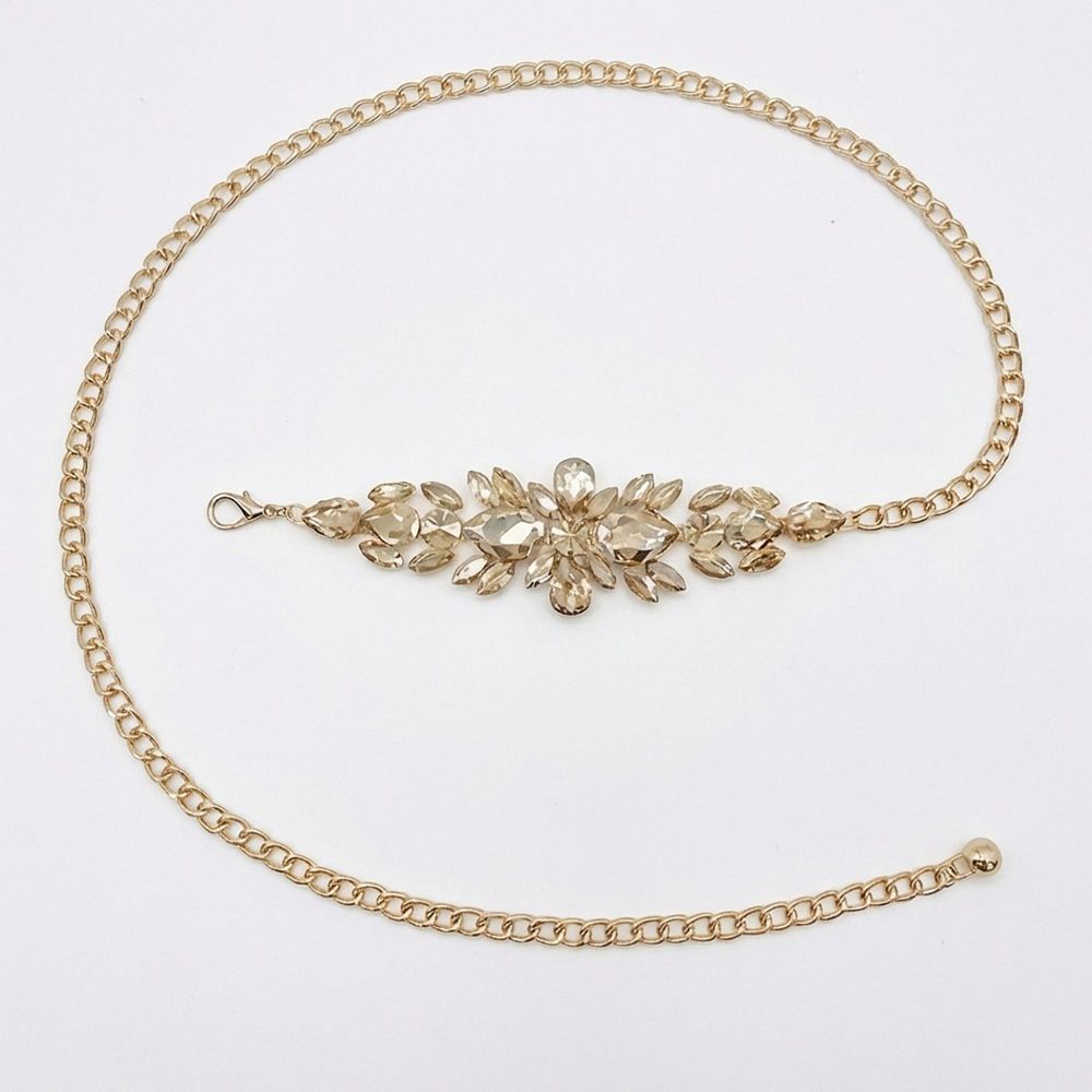 Gold Crystal Floral Link Waist Chain Belt Women Gold Metal Chain Link Band Belt Hip Waist Flower Charm  main image 3