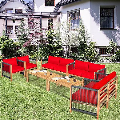 Costway 8 PCS Acacia Wood Patio Conversation Set w/Cushions for Garden