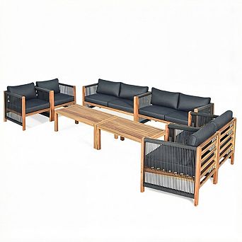 Costway 8 pc Acacia Wood Patio Conversation Set w/Cushions for Garden
