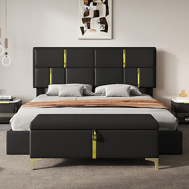 Pnronnc 2 Piece Bedroom Set Queen Upholstered Bed with Storage Ottoman Hydraulic Lift Bed Frame Set