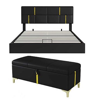 Pnronnc 2 pc Bedroom Set Queen Upholstered Bed with Storage Ottoman Hydraulic Lift Bed Frame Set