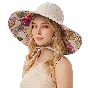 Women's Reversible Wide Brim Sun Hat UV Protection Floral Print Beach Outdoor Bucket Hat