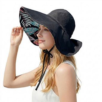Women's Reversible Wide Brim Sun Hat UV Protection Floral Print Beach Outdoor Bucket Hat