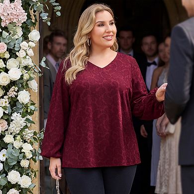 Women's Plus Size Knit Tops Print Lantern Sleeve Loose Fit Shirts V Neck Fashion Pullover Blouses