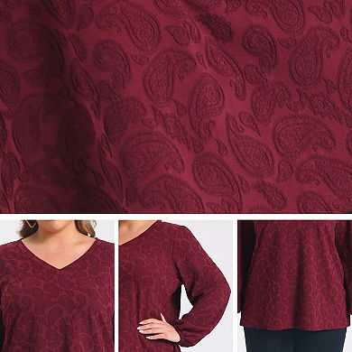 Women's Plus Size Knit Tops Print Lantern Sleeve Loose Fit Shirts V Neck Fashion Pullover Blouses