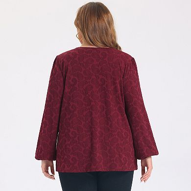 Women's Plus Size Knit Tops Print Lantern Sleeve Loose Fit Shirts V Neck Fashion Pullover Blouses
