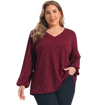 Women's Plus Size Knit Tops Print Lantern Sleeve Loose Fit Shirts V Neck Fashion Pullover Blouses