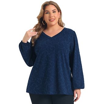Women's Plus Size Knit Tops Print Lantern Sleeve Loose Fit Shirts V Neck Fashion Pullover Blouses