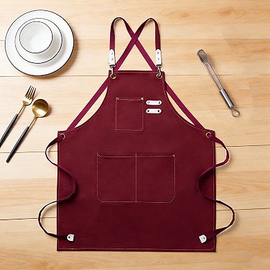 Cotton Kitchen Apron with Cross Back Straps Multi Pocket Utility Apron for Cooking Baking Craft