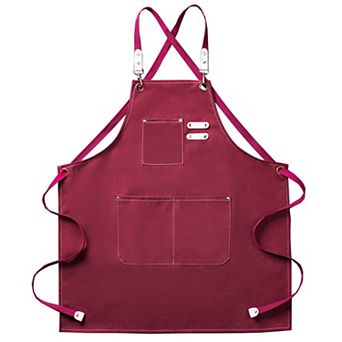 Cotton Kitchen Apron with Cross Back Straps Multi Pocket Utility Apron for Cooking Baking Craft