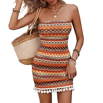 Women's Sleeveless Lady Vacation Bandeau Bodycon Short Tassel Hem Dress Short Fashion Dress