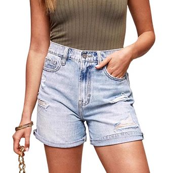 Women's Mid Rise Ripped Denim Shorts Distressed Jean with Pockets Folded Hem Casual Summer Jorts