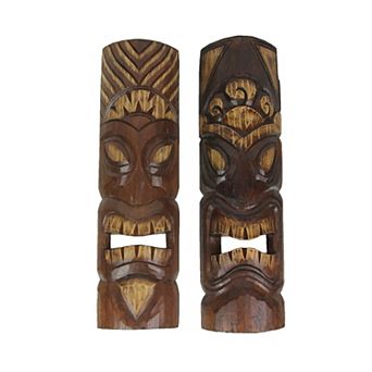 Set of 2 Hand Carved Wood Sun and Flower Polynesian Tiki Masks 20 in High