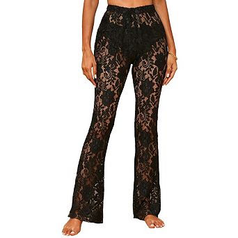 Women High Waisted Floral Lace Flare Pants Elastic Waist Sheer For Beach