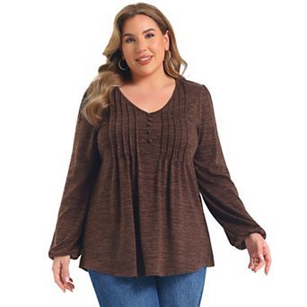 Women's Plus Size Tops Pleated Button Decor Lantern Sleeve Loose Fit V Neck Dressy Casual Blouses