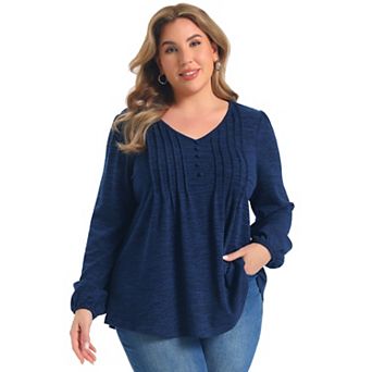 Women's Plus Size Tops Pleated Button Decor Lantern Sleeve Loose Fit V Neck Dressy Casual Blouses