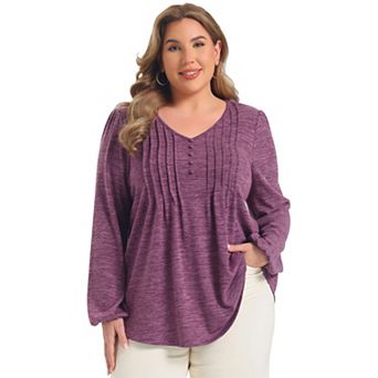 Women's Plus Size Tops Pleated Button Decor Lantern Sleeve Loose Fit V Neck Dressy Casual Blouses