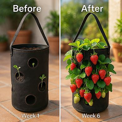 Hanging Strawberry Planter Bag - 7 Hole Air Pruning, Mold Resistant Black Fabric - For Balconies