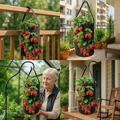 Hanging Strawberry Planter Bag - 7 Hole Air Pruning, Mold Resistant Black Fabric - For Balconies