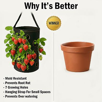 Hanging Strawberry Planter Bag - 7 Hole Air Pruning, Mold Resistant Black Fabric - For Balconies