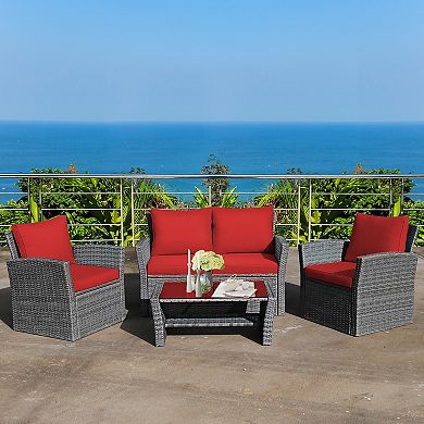 Costway 4PCS Patio Rattan Furniture Set Sofa Table W/Storage Shelf Cushion