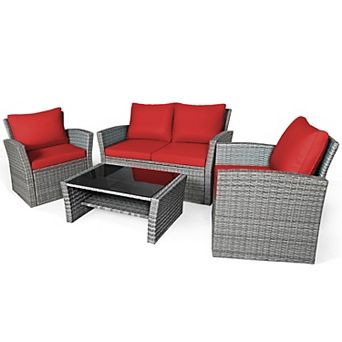 Costway 4 pc Patio Rattan Furniture Set Sofa Table W/Storage Shelf Cushion