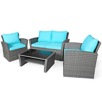 Costway 4 pc Patio Rattan Furniture Set Sofa Table W/Storage Shelf Cushion