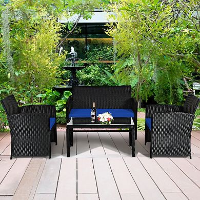 Costway 4PCS Patio Rattan Furniture Conversation Set Cushion Sofa Table Garden